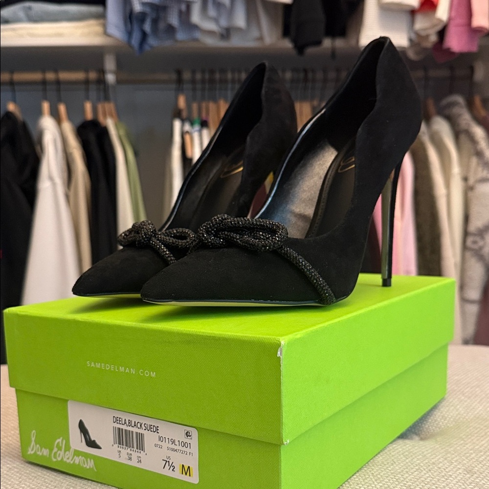 Sam Edelman Black Suede Pointed-Toe Pumps with Decorative Bow